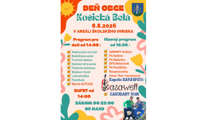 POZVÁNKA na Deň obce Košická Belá, dňa 8.8.2026 od 14:00 h., na školskom ihrisku v areáli ZŠ. Program je v prílohe.