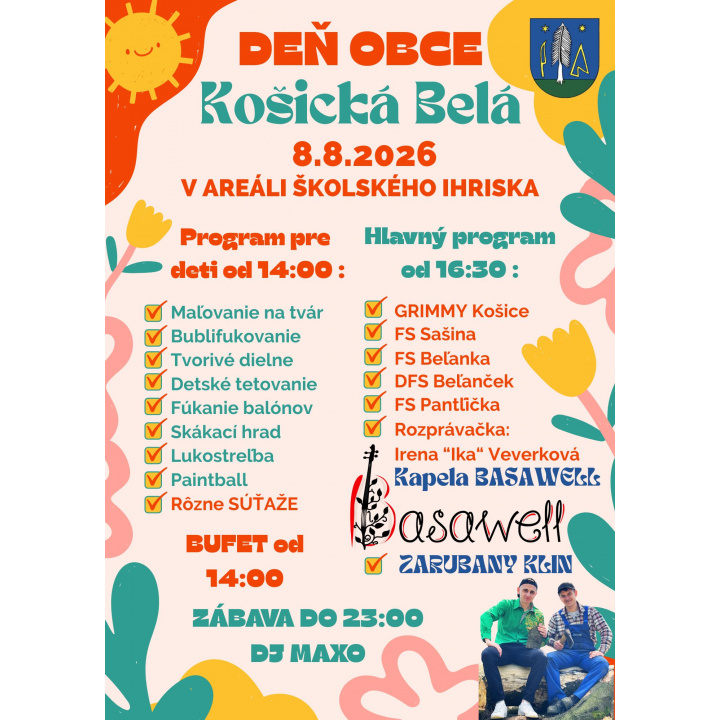 POZVÁNKA na Deň obce Košická Belá, dňa 8.8.2026 od 14:00 h., na školskom ihrisku v areáli ZŠ. Program je v prílohe.