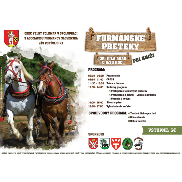 Pozvánka na Furmanské preteky vo Veľkom Folkmári - pri Kríži, dňa 25. júla 2026. Plagít v prílohe.
