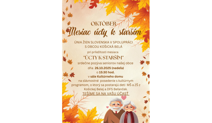 Pozvánka na posedenie pri príležitosti  ''Október Mesiac úcty k starším'', dňa 26.10.2025 o 15:30 h., v sále KD.
