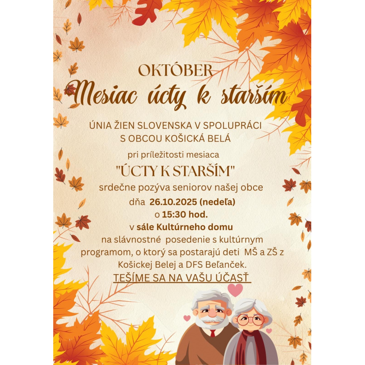 Pozvánka na posedenie pri príležitosti  ''Október Mesiac úcty k starším'', dňa 26.10.2025 o 15:30 h., v sále KD.