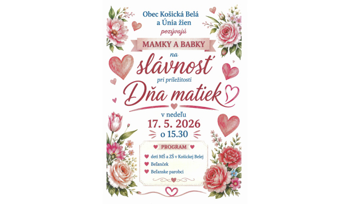 Pozvánka na slávnosť pri príležitosti Dňa matiek, dňa 17.05.2026 o 15:30h., v sále kultúrného domu.