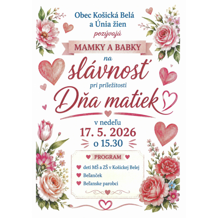 Pozvánka na slávnosť pri príležitosti Dňa matiek, dňa 17.05.2026 o 15:30h., v sále kultúrného domu.